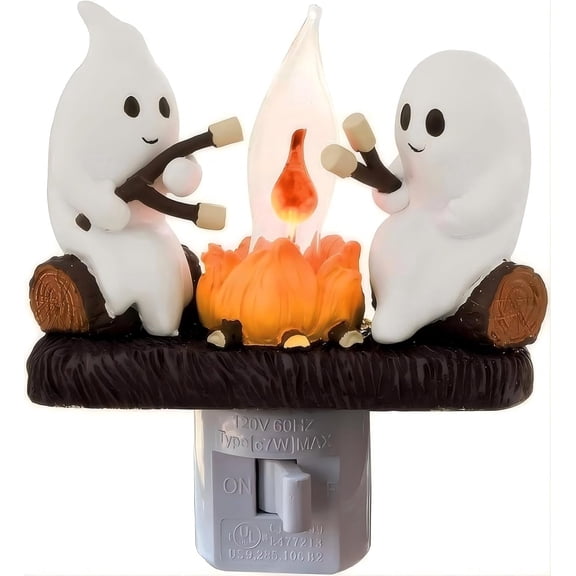 Halloween Ghost Campfire Night Light - 2 Cute Ghosts Roasting Over Flickering LED Fire, 360 Rotatable Plug-in Wall Decor with On/Off Switch for Halloween Party, Bedroom, Living Room