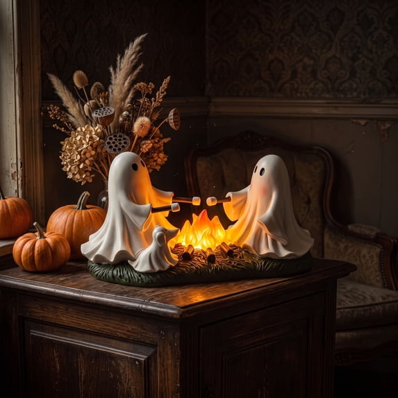 Halloween Ghost Campfire Tabletop Figurine with LED Light, Cute Ghost Roasting Marshmallows Statue, Warm Halloween Decor for Indoor Table Centerpiece