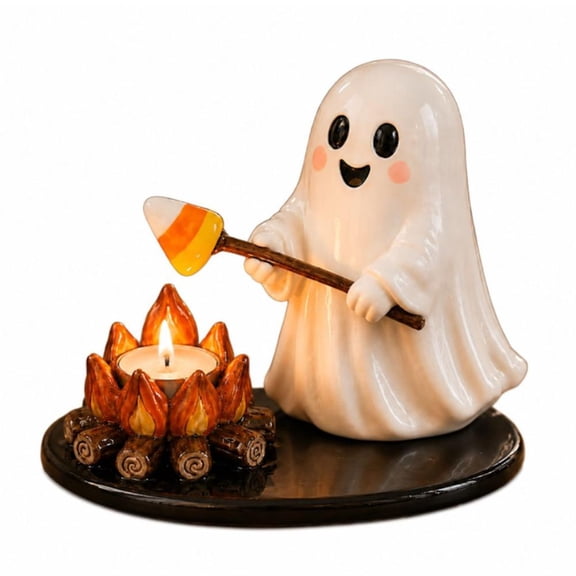 Halloween Ghost Campfire Tea Light Holder, Resin Statue Tealight Holders, Camping Themed Candlestick Tabletop Decoration, Tabletop Candlestick for Mantel, Desk, Living Room and Festive Gift Giving
