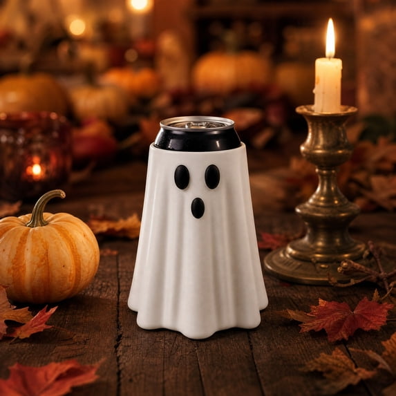 Halloween Ghost Can Holder Beverage Sleeve with Ghost Figurine Design for Tall Cans, Reusable Insulated Drink Cooler Accessory for Halloween Party Table Bar Home Decoration