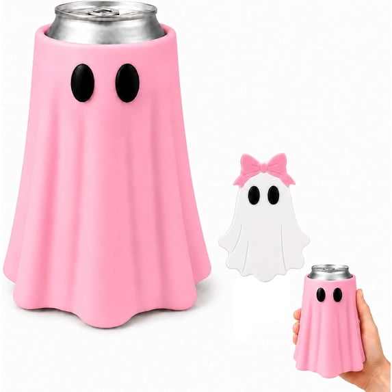 Halloween Ghost Can Holder with Bottle Opener 3D Printed Beverage Can Sleeve for 12 oz Cans Cute Ghost Figurine Table Decor for Parties Desks & Kitchens