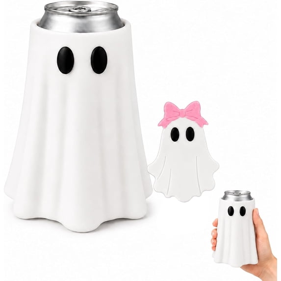 Halloween Ghost Can Holder with Bottle Opener 3D Printed Beverage Can Sleeve for 12 oz Cans Cute Ghost Figurine Table Decor for Parties Desks & Kitchens