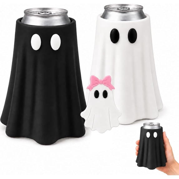 Halloween Ghost Can Holder with Bottle Opener 3D Printed Beverage Can Sleeve for 12 oz Cans Cute Ghost Figurine Table Decor for Parties Desks & Kitchens