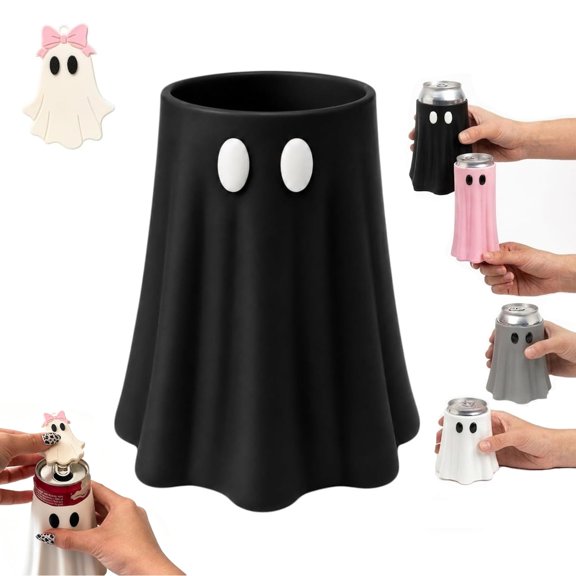 Halloween Ghost Can Holder with Matching Bottle Opener, 3D Ghost Face Soda Can Holder, Universal 8.4-16 Oz Beverage Cooler, Tabletop Figurine, Kitchen Candy Bowl, for Beer Drink