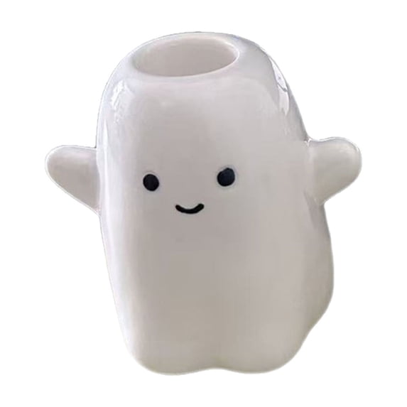 Halloween Ghost Candle Holder, White Ceramic Cute Ghost Candlestick , Glossy Desktop Ornament, Holiday Tabletop Decoration for Home and Office,3.3X3.3In