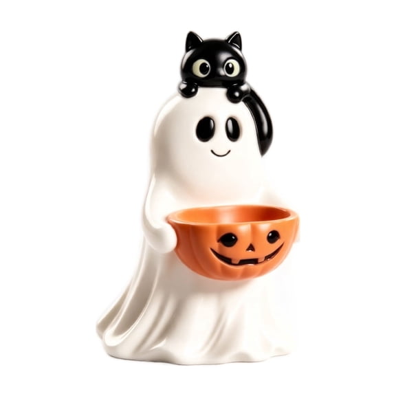 Halloween Ghost Candy Bowl Figurine, Ceramic Ghost Statue with Black Cat on Head, Pumpkin Treat Bowl Tabletop Decor for Halloween Party Home Mantel Shelf Display