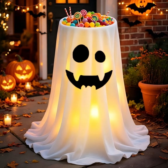 Halloween Ghost Candy Bowl Remote Control LED Stand Front Porch Treat Holder