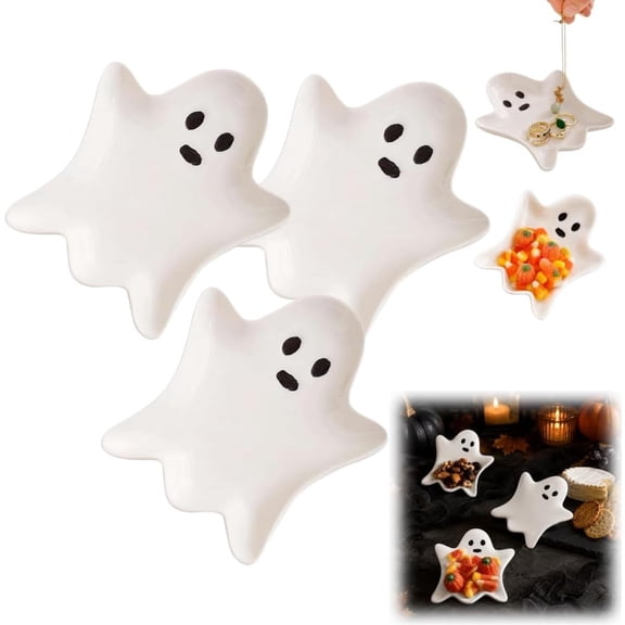 Halloween Ghost Candy Bowl Set, Ceramic Spooky Serving Platter Tray, Ghost Shaped Dessert Dish For Party Food Storage Charcuterie Cheese Snack (3Pcs)