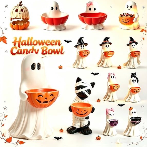 Halloween Ghost Candy Bowl, Whimsical Spooky Cute Ghost Figurine, Friendly Boo Resin Candy Dish Ghost Serving Tray, Adorable Black Cat/Bow/Witch Hat Decor, Halloween Party Ornament