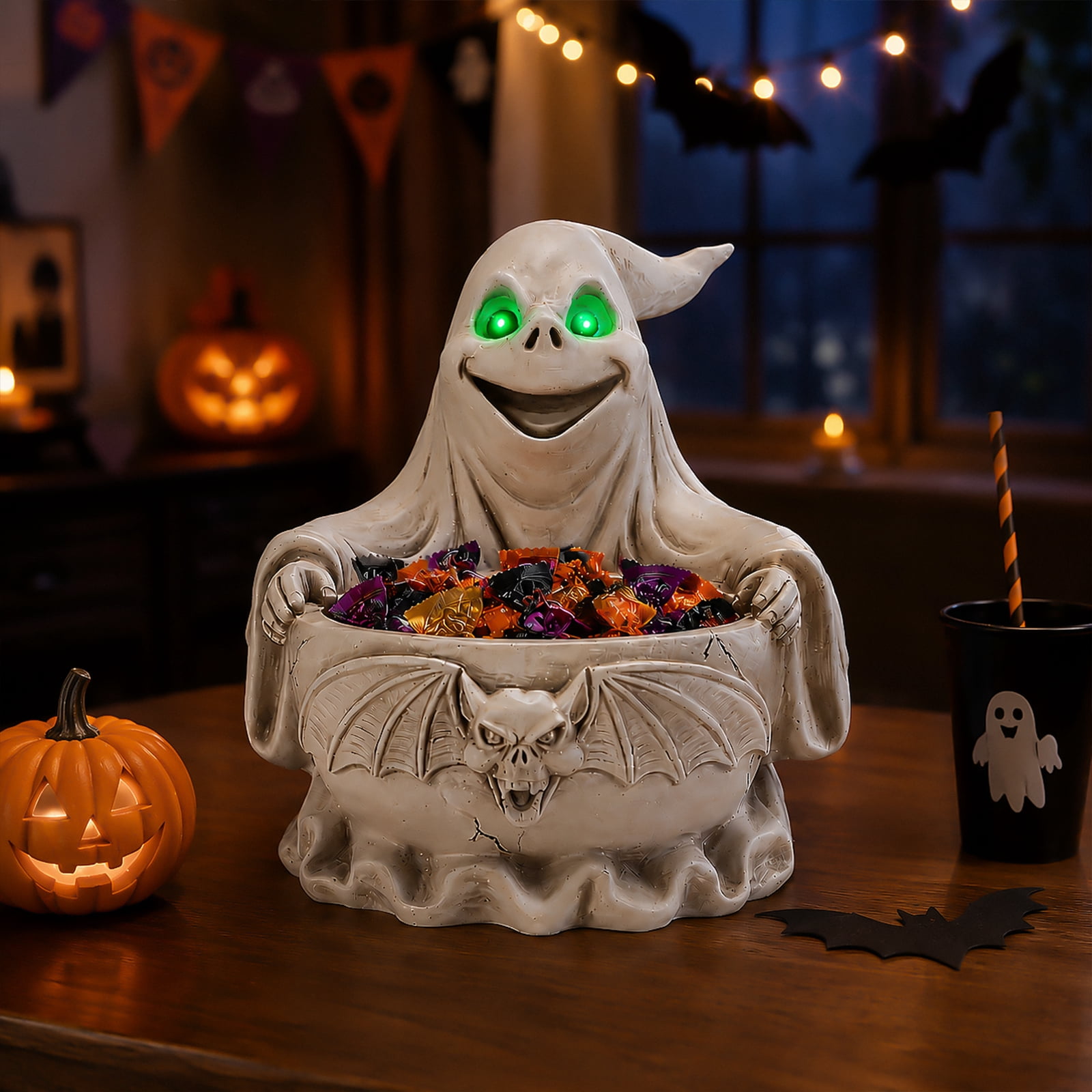 Halloween Ghost Candy Bowl with LED Glowing Eyes Resin Tabletop Decor Bat Design