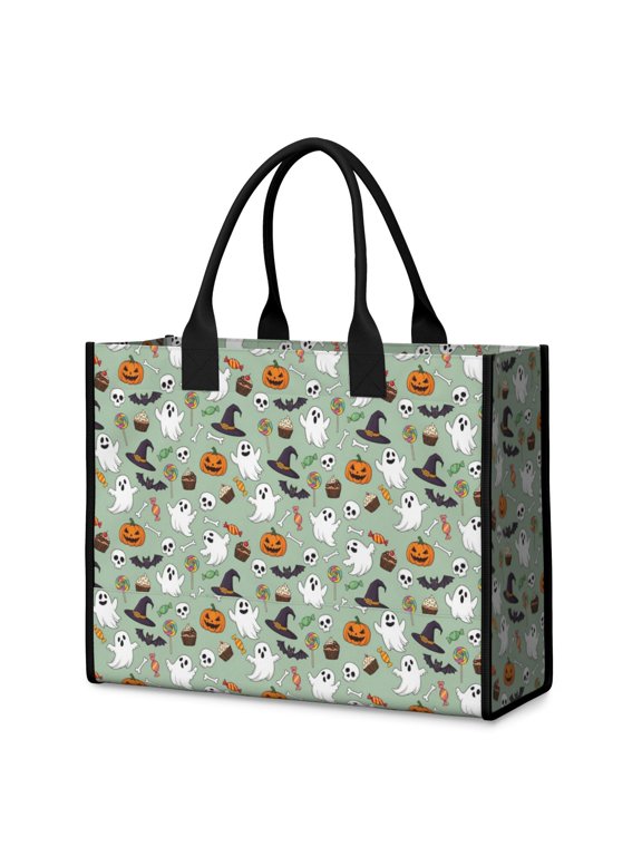 Halloween Ghost Candy Green Pattern Beach Tote Bag, Picnic Tote with Inner Pocket & Removable Bottom, Padded Handles Gifts for Birthday Christmas Thanksgiving