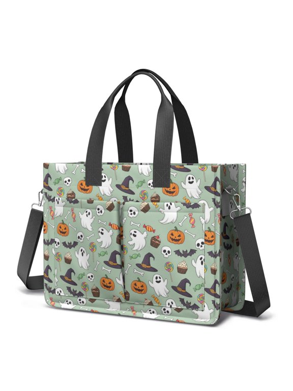 Halloween Ghost Candy Green Pattern Canvas Messenger Tote Bag, Work Tote with Multi Pockets & Removable Strap, Durable Canvas Gifts for Birthday Christmas Thanksgiving