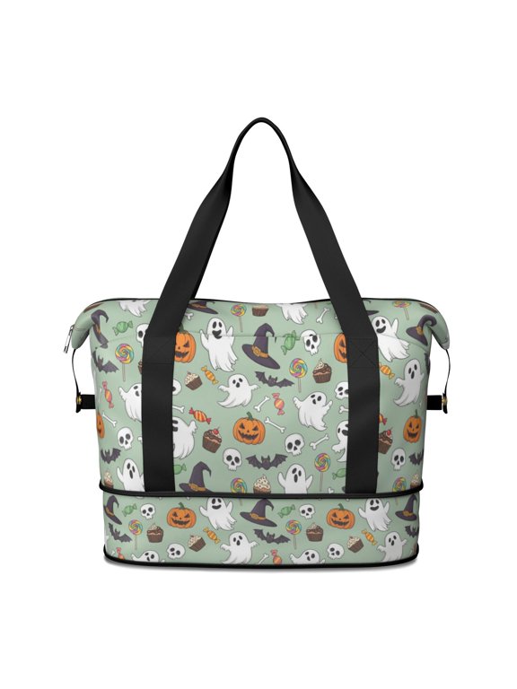 Halloween Ghost Candy Green Pattern Expandable Travel Tote Bag, Luggage Sleeve Travel Bag with Dry Wet Pockets, Tear Resistant Gift Ideas for Work Shopping Travel