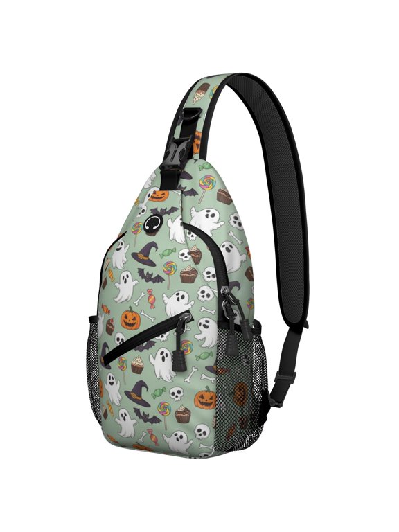 Halloween Ghost Candy Green Pattern Sling Backpack, Unisex Daily Travel Sling Pack with Side Mesh Pockets, Earphone Hole Port Gift Ideas for Travel Shopping Commuting
