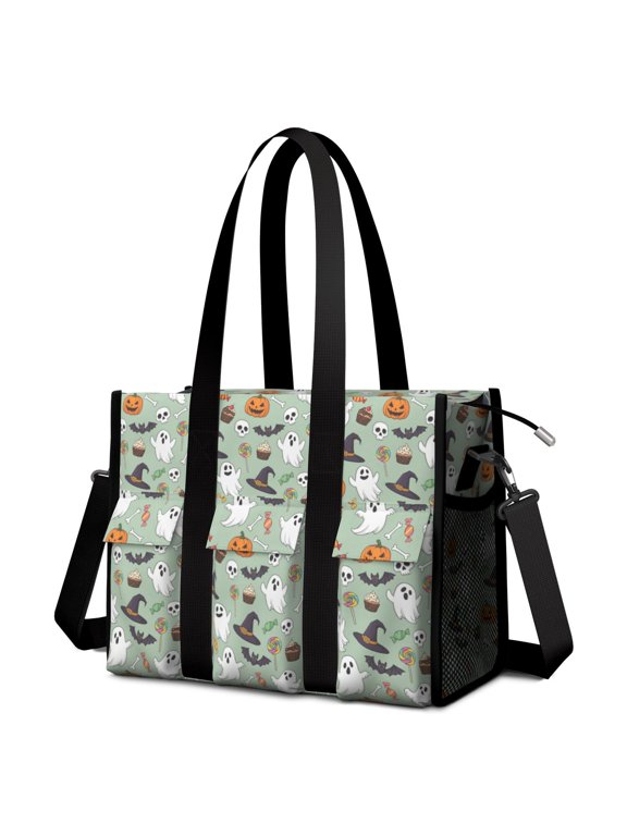 Halloween Ghost Candy Green Pattern Utility Tote Bag, Nurse Shoulder Bag with Multi Pockets & Removable Strap, Polyester Fabric Gifts for Birthday Christmas Thanksgiving