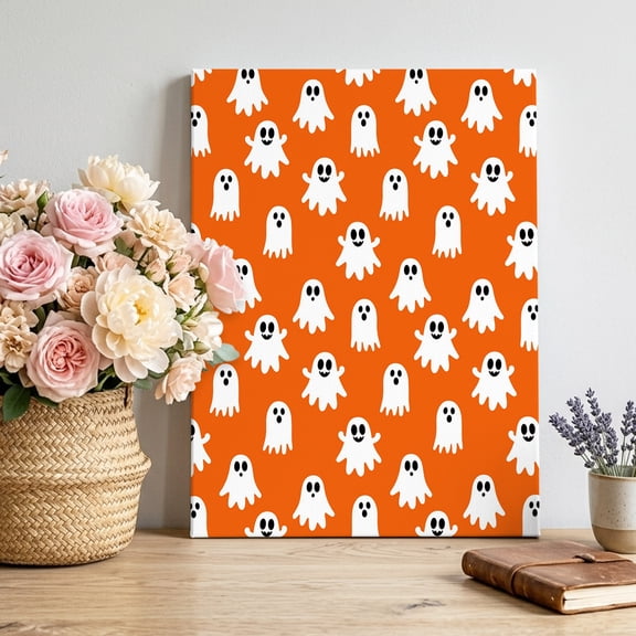 Halloween Ghost Canvas Wall Art for Living Room, Minimalist Orange White Cartoon Tiny Ghosts Poster Print Painting for Bedroom Office Home Decoration Wall Pictures Prepare To Hang 8"x12"