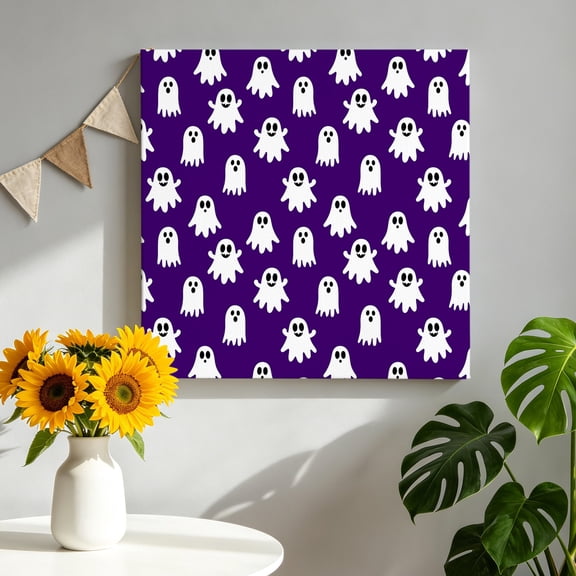 Halloween Ghost Canvas Wall Art for Living Room, Minimalist Purple White Cartoon Tiny Ghosts Poster Print Painting for Bedroom Office Home Decoration Wall Pictures Prepare To Hang 8"x8"