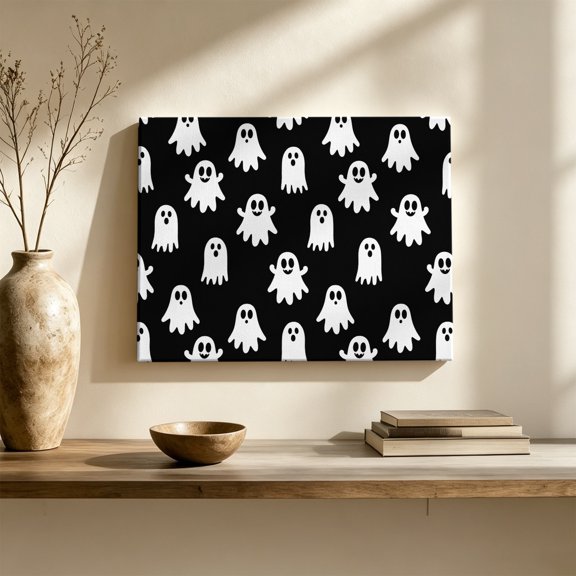 Halloween Ghost Canvas Wall Art, Minimalist Black White Cartoon Tiny Ghosts Wall Art Prints Artwork Framed Canvas Ready to Hang Art Pictures for Living Dining Room Bedroom Hallway 24" x 20"