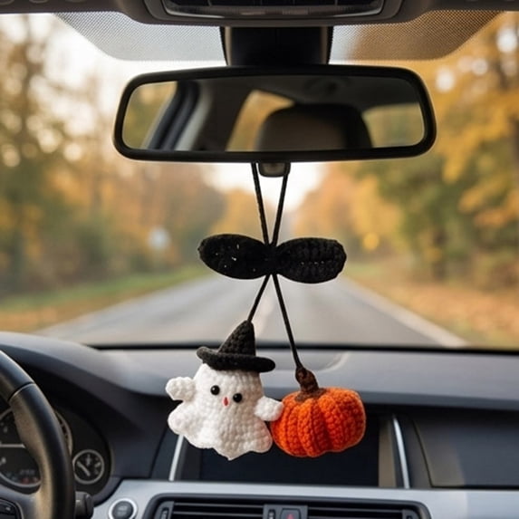 Halloween Ghost Car Mirror Hanging Decoration, Handmade Crochet Rearview Mirror Accessories