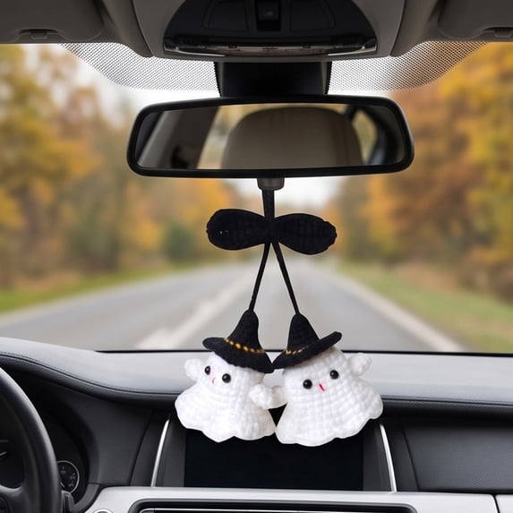 Halloween Ghost Car Mirror Hanging Decoration, Handmade Crochet Rearview Mirror Accessories