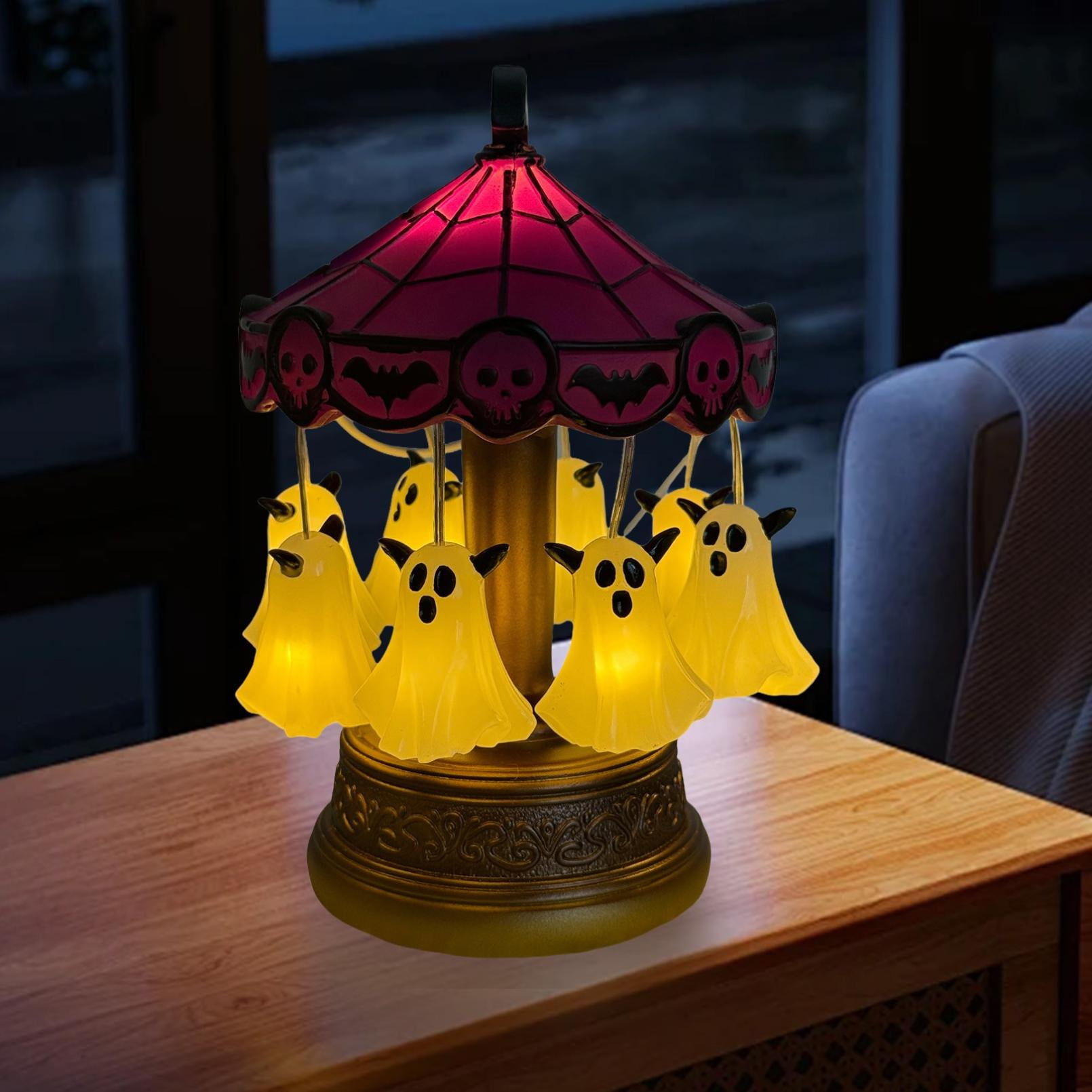 Geisterkarussell Lampe – Vintage Halloween Deko Mit USB-Akku, Lila Buntglas & Skeletten