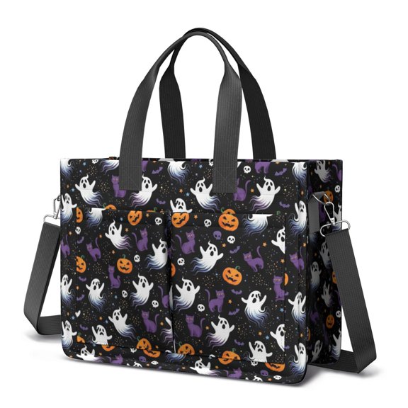 Halloween Ghost Cat Black Pattern Canvas Messenger Tote Bag, Nurse Handbag with Multi Pockets & Removable Strap, Durable Canvas Gifts for Work Travel Shopping