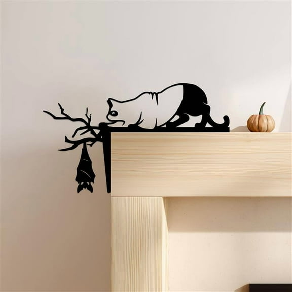 Halloween Ghost Cat Door Topper with Bat – Black Metal Cat Wall Art Sign for Room, Cute Spooky Decor, Cat Lover Gift (6 Inches)
