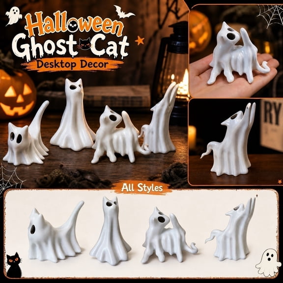Halloween Ghost Cat Figurines, Halloween Ghost Cat Desktop Mini Statues, Cute Spooky Tabletop Tiered Tray Decor