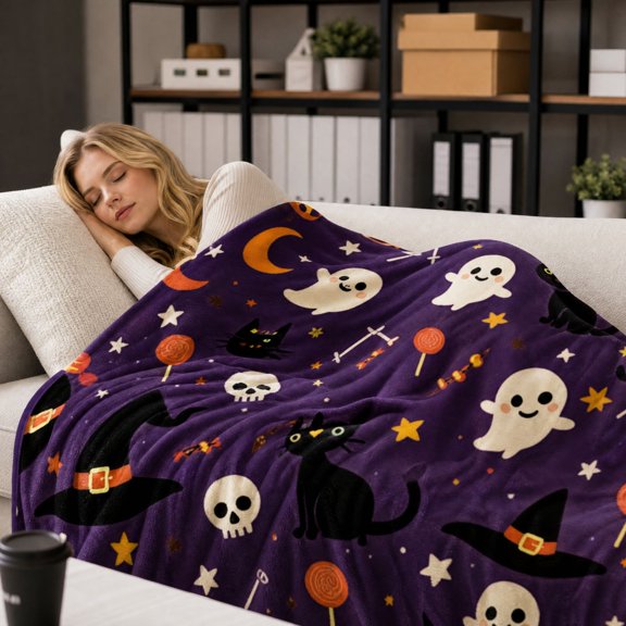 Halloween Ghost Cat Flannel Throw Blanket, Purple Witch Hat Skull Print Cover for Couch, Sofa and Bedroom