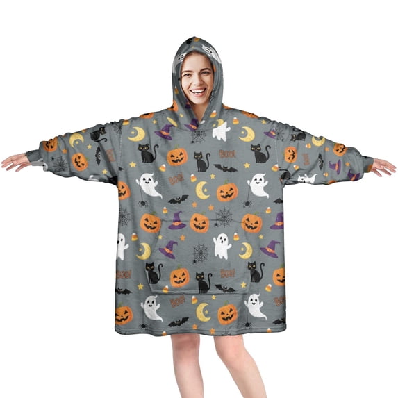 Halloween Ghost Cat Gray Wearable Blanket Hoodie, Flannel Oversized Blanket Hoodies with Sleeves & with Sleeves & Pockets, Soft Cozy Gifts Ideas for Reading Watching TV and Relaxi