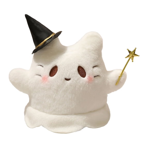 Halloween Ghost Cat Plush, Cute Ghost‑Shaped Cat Stuffed Doll with Magic Wand, Soft Plushies with Pumpkin & Witch Hat, for Halloween Home Decor, Party Favors & Holiday Gift, B