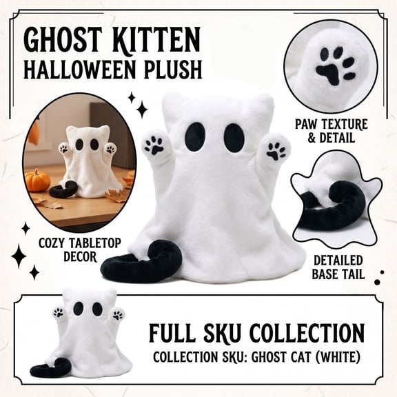 Halloween Ghost Cat Plush Toy, Cute Stuffed Ghost-Kitten Doll for Home Decor and Party, Playful Halloween Gift for Kids and Collectors, Soft Plush Kitten with Ghost Theme,10 Inch Tall