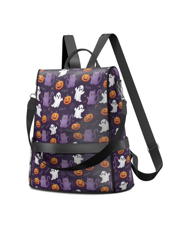 Halloween Ghost Cat Purple Pattern Fashion Backpack, Casual Daypack with Side Bottle Pockets & Convertible Strap, Large Capacity Gifts for Birthday Christmas Thanksgiving