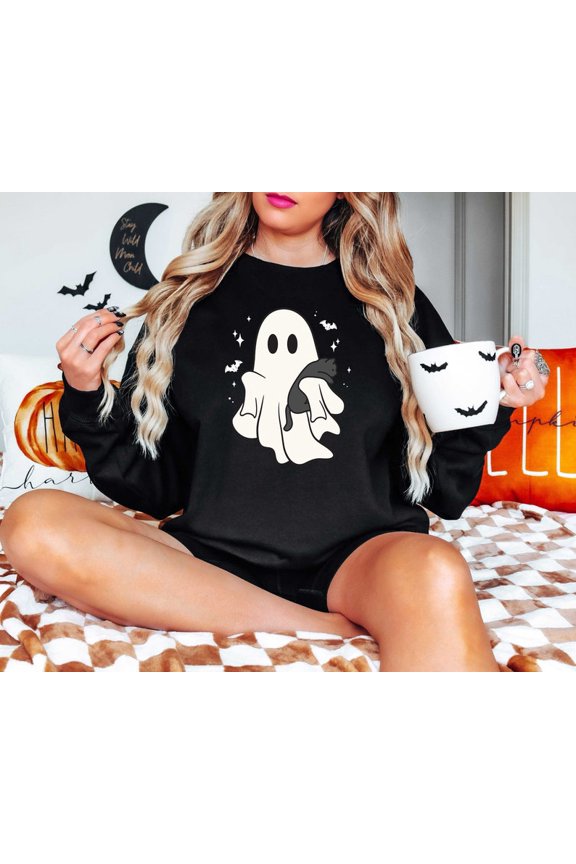 Halloween Ghost Cat Sweatshirt– Spooky Season Tee for Cat Lovers – Cute Black Cat Fall Outfit, Fun October Gift for Women & Teens
