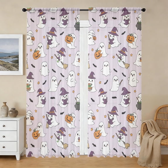 Halloween Ghost Cauldron Sheer Curtains, Rod Pocket Sheer Drapes with ...