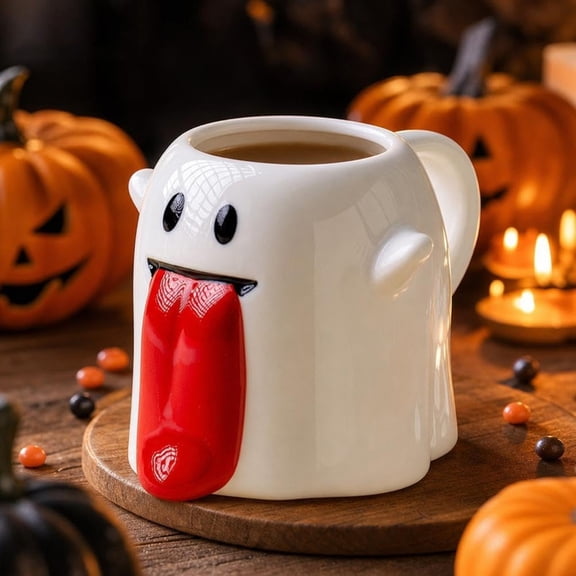 Halloween Ghost Ceramic Mug, Cute Cartoon Cup with Red Tongue, 450ml Spooky Coffee Mug for Office Home