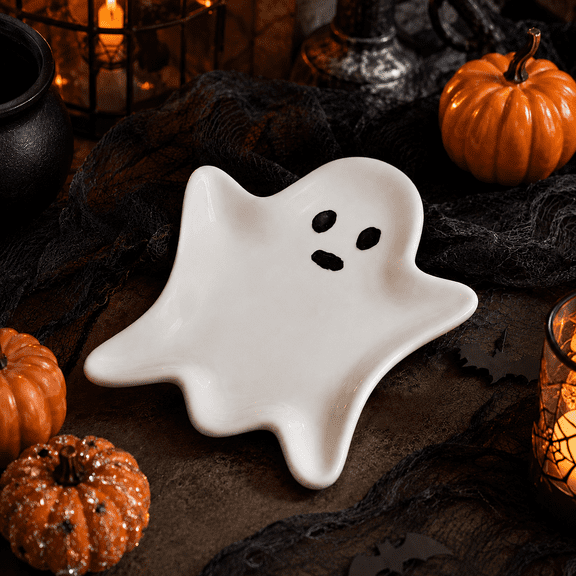 Halloween Ghost Ceramic Spoon Rest, Cute White Utensil Rest and Trinket Dish for Kitchen Counter, Stove Top, Rings, Keys and Candy