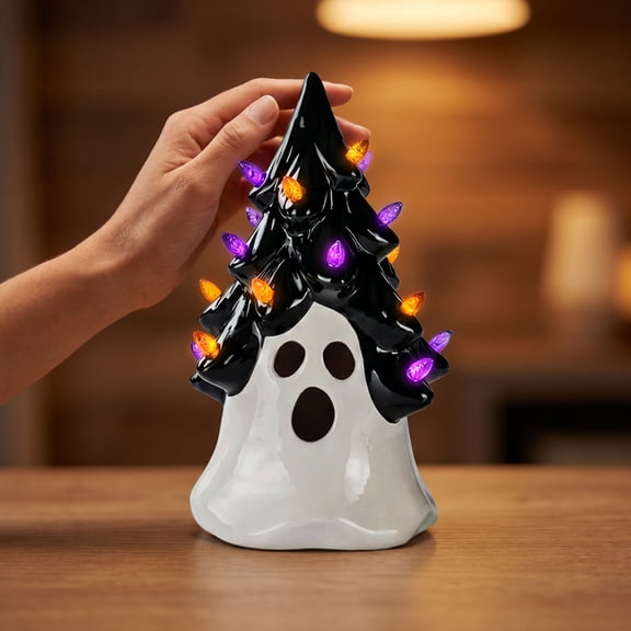 Halloween Ghost Ceramic Tree Decor with LED Lights, Pre-Lit Black Retro Halloween Tabletop Figurine, 1 Piece Spooky Holiday Decoration for Indoor Home Party Mantel Shelf Display