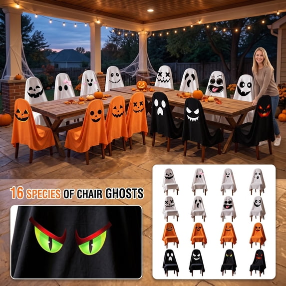 Halloween Ghost Chair Cover for Dining Chairs, Festive Party Decoration Slipcover, Decorative White Ghost Chair Back Protector for Holiday Home Kitchen Decor, 1Pack A