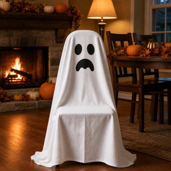 Halloween Ghost Chair Covers, Washable Polyester Ghost Print Slipcovers, Removable Dustproof Seat Protectors for Kitchen, Restaurant or Holiday Banquet Decorations, White