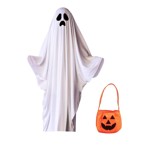 Halloween Ghost Cloak Costume, White Sheet Ghost Robe with Pumpkin Candy Bag for Trick or Treat, Spooky Dress Up Accessory