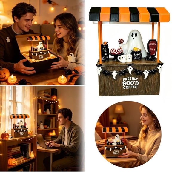 Halloween Ghost Coffee Bar Figurine, Resin Mini Freshly Boo'd Coffee Cart Tabletop Statue, Spooky Cute Desktop Decor for Home Kitchen Shelf Mantel Halloween Party