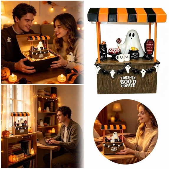 Halloween Ghost Coffee Bar Figurine, Resin Mini Freshly Boo'd Coffee Cart Tabletop Statue, Spooky Cute Desktop Decor for Home Kitchen Shelf Mantel Halloween Party