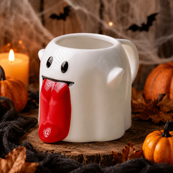 Halloween Ghost Coffee Mug, 15 oz Cute Ceramic Ghost Cup with Funny Red Tongue Design for Coffee, Tea, Cocoa, Halloween Party and Gifts