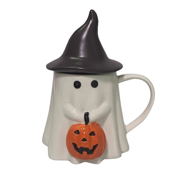 Halloween Ghost Coffee Mug with Witch Hat Lid, Ceramic Cute Ghostface Cup with Handle, Lidded Drinkware for Tea Hot Cocoa, Novelty Party Decor Gift for Adults Holiday Beverage Container 440ml/15oz