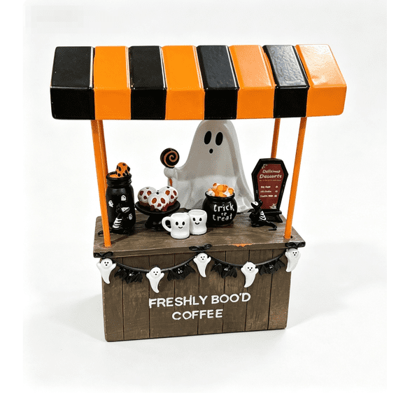 Halloween Ghost Coffee Shop Resin Figurine,Freshly Boo'd Mini Ghost Coffee Cart Tabletop Statue,Spooky Dessert Stall with Ghost Mug Pumpkin Candy for Mantel Shelf Home Party Halloween Decoration