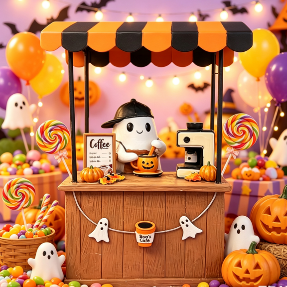 Halloween Ghost Coffee Stand Figurine, Ghost Barista Booth Figurine, Spooky Coffee Statue with Coffee Stand, Coffee Ghost Tabletop Ornament Fall Decor