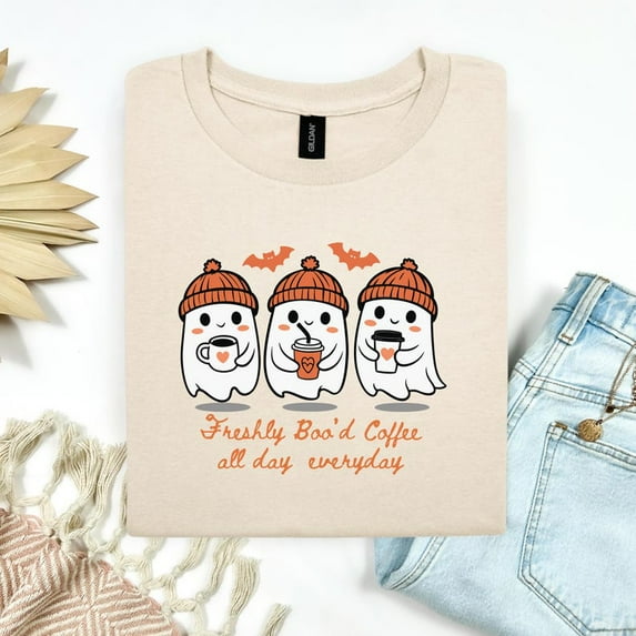 Halloween Ghost Coffee T-Shirt | Cute Fall Graphic Tee Spooky Season Shirt Cozy Autumn Apparel Cute Halloween Gift for Her | Trick or Treat
