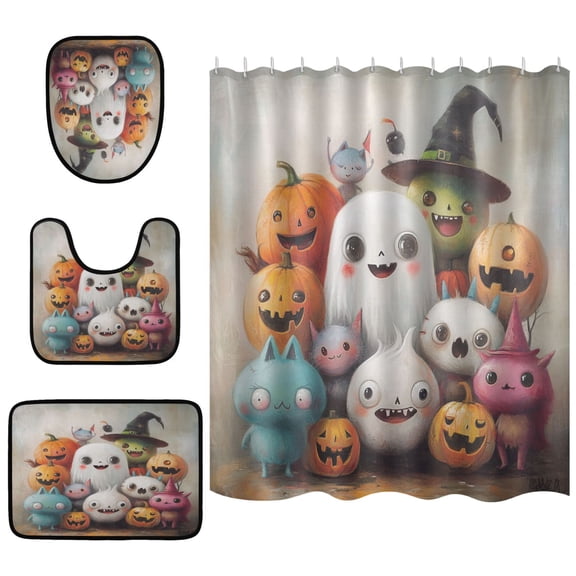 Halloween Ghost Companion Bathroom Accessory Curtain Sets Bath Curtain Anti-Slip Mats and Toilet Pad 66x72in