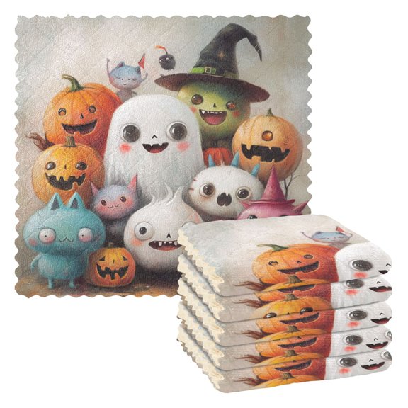 Halloween Ghost Companion 6 Pack Kitchen Cleaning Cloths 11'' x 11'', Super Absorbent, Soft Double Layer Plush for Dish and Surface Cleaning